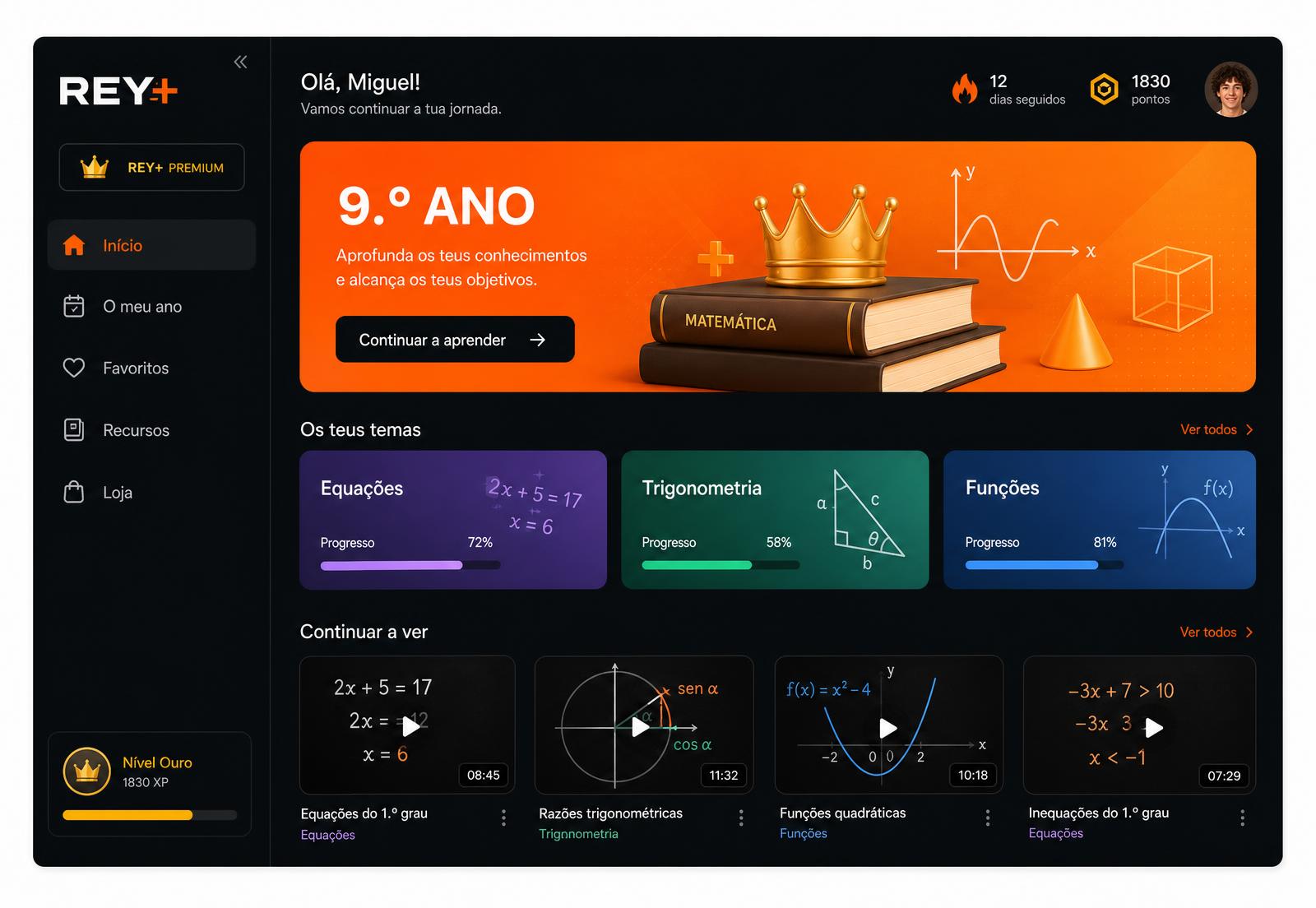 Plataforma REY+ com capítulos e progresso