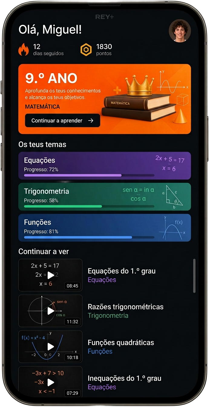Plataforma REY+ do 9.º ano no telemóvel
